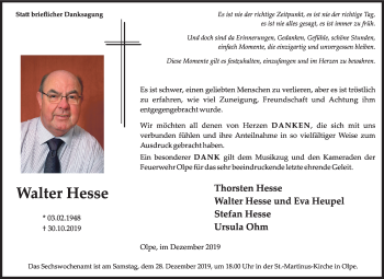 Traueranzeige von Walter Hesse von Siegener Zeitung