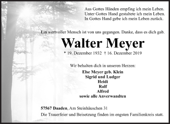 Traueranzeige von Walter Meyer von Siegener Zeitung