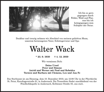 Traueranzeige von Walter Wack von Siegener Zeitung