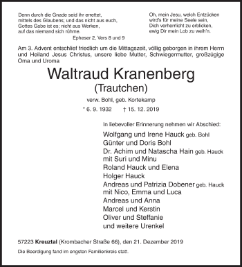 Traueranzeige von Waltraud Kranenberg von Siegener Zeitung