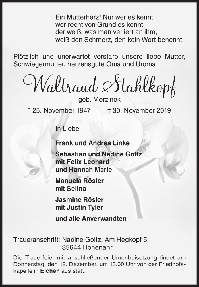  Traueranzeige für Waltraud Stahlkopf vom 07.12.2019 aus Siegener Zeitung