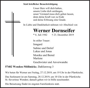 Traueranzeige von Werner Dornseifer von Siegener Zeitung
