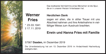 Traueranzeige von Werner Fries von Siegener Zeitung