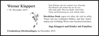 Traueranzeige von Werner Klappert von Siegener Zeitung