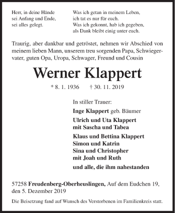 Traueranzeige von Werner Klappert von Siegener Zeitung