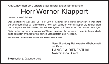 Traueranzeige von Werner Klappert von Siegener Zeitung