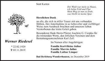 Traueranzeige von Werner Riedesel von Siegener Zeitung