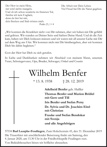 Traueranzeige von WilhelmBenfer Benfer von Siegener Zeitung