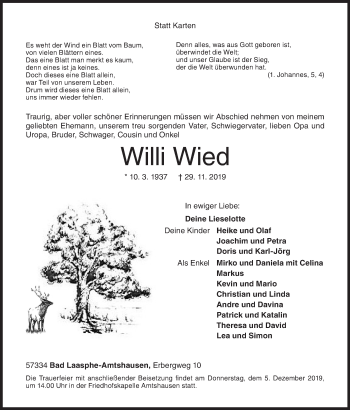 Traueranzeige von Willi Wied von Siegener Zeitung