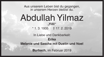 Traueranzeige von Abdullah Yilmaz von Siegener Zeitung