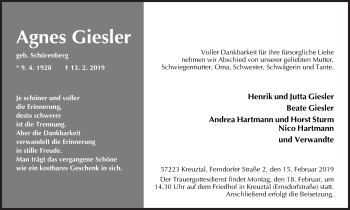 Traueranzeige von Agnes Giesler von Siegener Zeitung