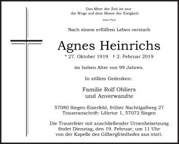 Traueranzeige von Agnes Heinrichs von Siegener Zeitung