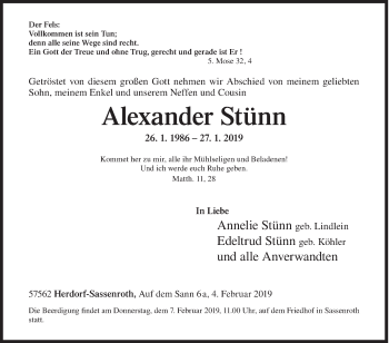 Traueranzeige von Alexander Stünn von Siegener Zeitung