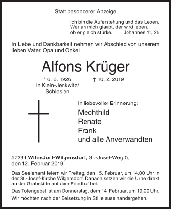 Traueranzeige von Alfons Krüger von Siegener Zeitung