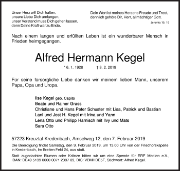 Traueranzeige von Alfred Hermann Kegel von Siegener Zeitung
