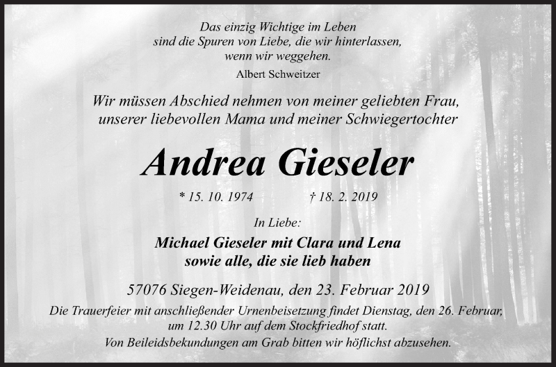  Traueranzeige für Andrea Gieseler vom 23.02.2019 aus Siegener Zeitung