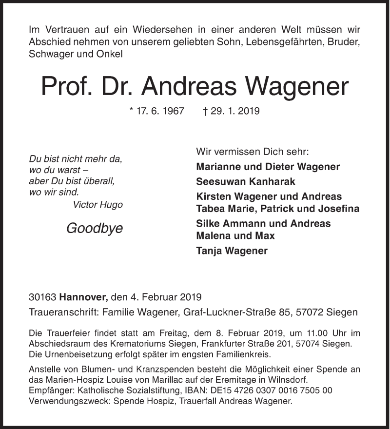  Traueranzeige für Andreas Wagener vom 04.02.2019 aus Siegener Zeitung