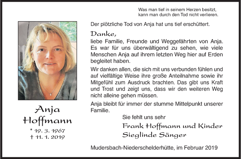  Traueranzeige für Anja Hoffmann vom 09.02.2019 aus Siegener Zeitung