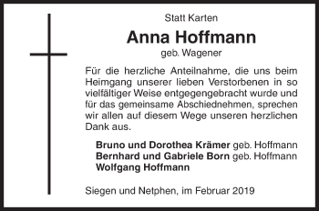 Traueranzeige von Anna Hoffmann von Siegener Zeitung