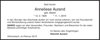 Traueranzeige von Anneliese Aurand von Siegener Zeitung