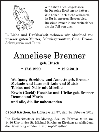 Traueranzeige von Anneliese Brenner von Siegener Zeitung