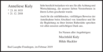 Traueranzeige von Anneliese Kuly von Siegener Zeitung