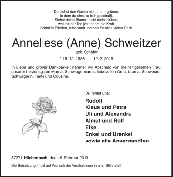Traueranzeige von Anneliese Schweitzer von Siegener Zeitung