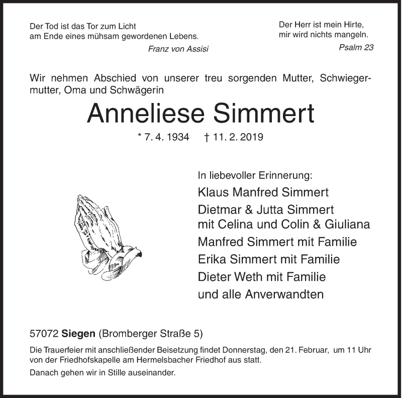  Traueranzeige für Anneliese Simmert vom 16.02.2019 aus Siegener Zeitung