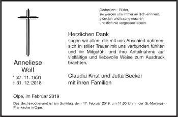 Traueranzeige von Anneliese Wolf von Siegener Zeitung