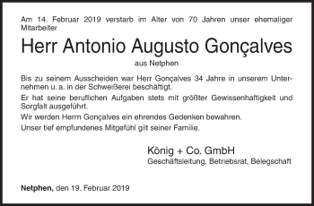 Traueranzeige von Antonio Augusto Gonçalves von Siegener Zeitung