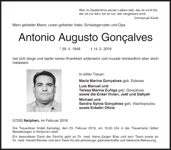 Traueranzeige von Antonio Augusto Gonçalves von Siegener Zeitung