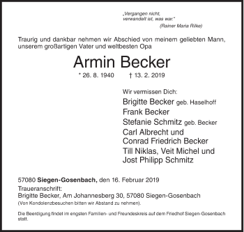 Traueranzeige von Armin Becker von Siegener Zeitung