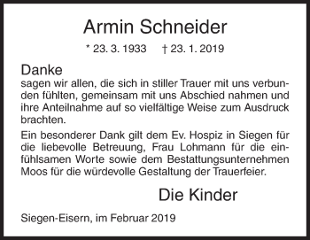 Traueranzeige von Armin Schneider von Siegener Zeitung