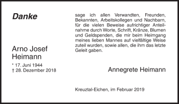Traueranzeige von Arno Josef Heimann von Siegener Zeitung