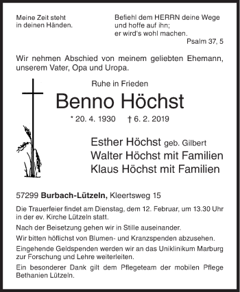 Traueranzeige von Benno Höchst von Siegener Zeitung