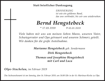 Traueranzeige von Bernd Hengstebeck von Siegener Zeitung