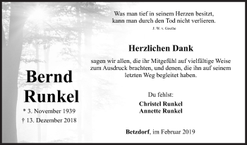Traueranzeige von Bernd Runkel von Siegener Zeitung