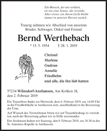 Traueranzeige von Bernd Werthebach von Siegener Zeitung