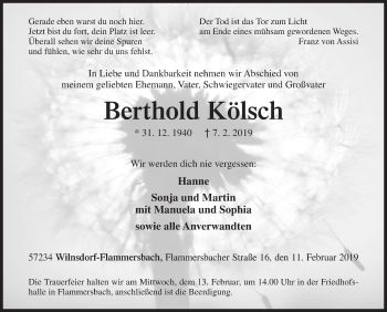 Traueranzeige von Berthold Kölsch von Siegener Zeitung