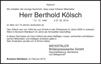 Traueranzeige von Berthold Kölsch von Siegener Zeitung