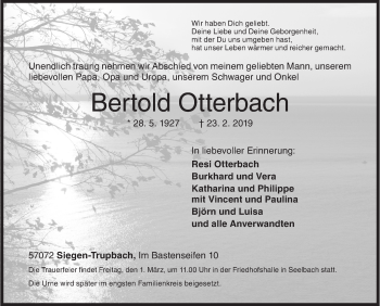 Traueranzeige von Bertold Otterbach von Siegener Zeitung