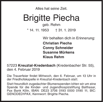 Traueranzeige von Brigitte Piecha von Siegener Zeitung
