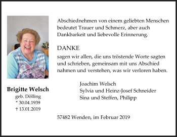 Traueranzeige von Brigitte Welsch von Siegener Zeitung