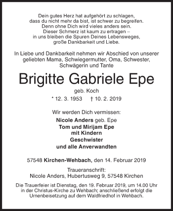 Traueranzeige von Brigitte Gabriele Epe von Siegener Zeitung
