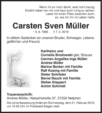 Traueranzeige von Carsten Sven Müller von Siegener Zeitung