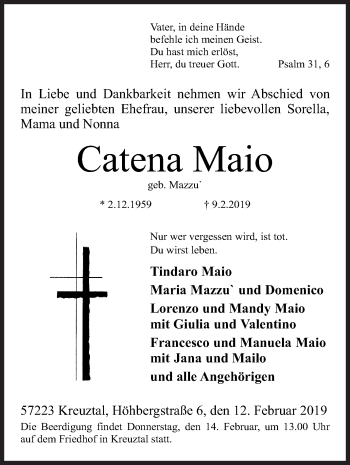 Traueranzeige von Catena Maio von Siegener Zeitung