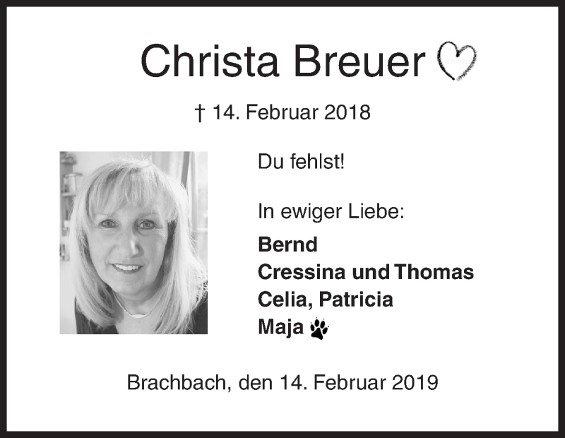  Traueranzeige für Christa Breuer vom 14.02.2019 aus Siegener Zeitung
