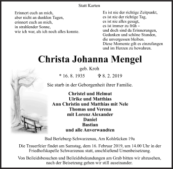 Traueranzeige von Christa Johanna Mengel von Siegener Zeitung