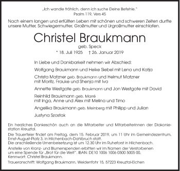 Traueranzeige von Christel Braukmann von Siegener Zeitung