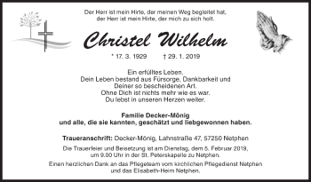 Traueranzeige von Christel Wilhelm von Siegener Zeitung